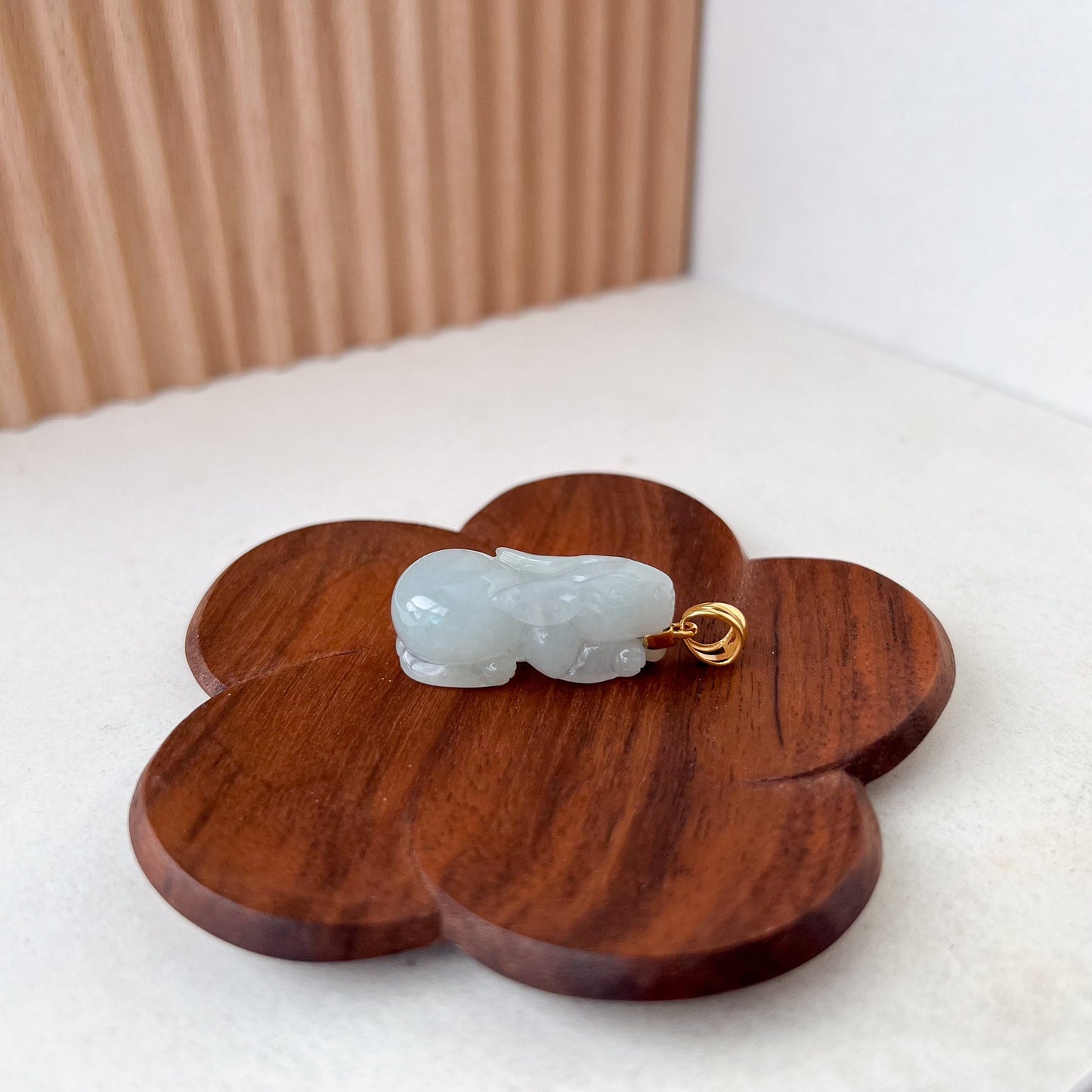 Light Green and White Ice Jadeite Jade Rabbit Pendant with 18K Solid Gold, 3-D Hand Carved Jade, YB-0223-1701235671
