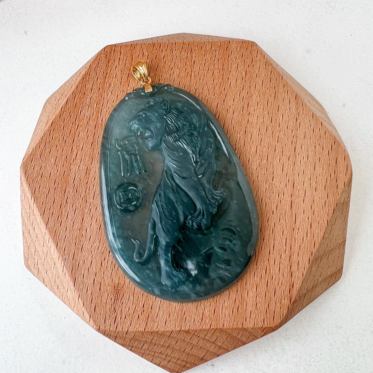 Blue Green Ice Jadeite Jade Tiger Pendant, Chinese Zodiac Carved Pendant with 18K Gold Bail Option, YYG-0823-1691189149