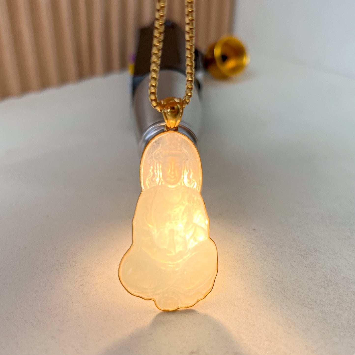 Ice Jadeite Jade Guan Yin Avalokiteshvara, Hand Carved Pendant with 18K Solid Gold, Guanyin, 观音,Lady Buddha, BH-0123-1700117786