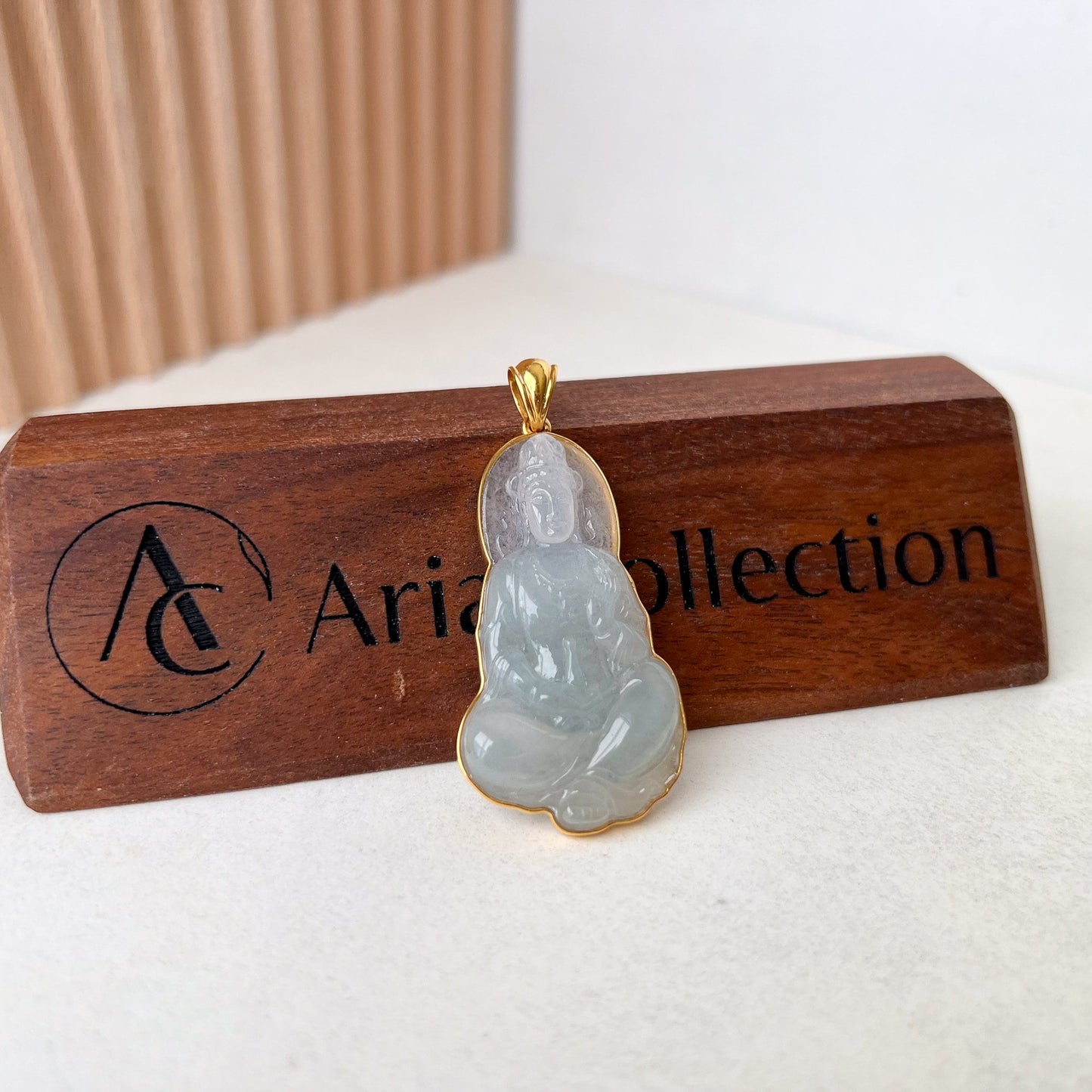 Ice Jadeite Jade Guan Yin Avalokiteshvara, Hand Carved Pendant with 18K Solid Gold, Guanyin, 观音,Lady Buddha, BH-0123-1700117786