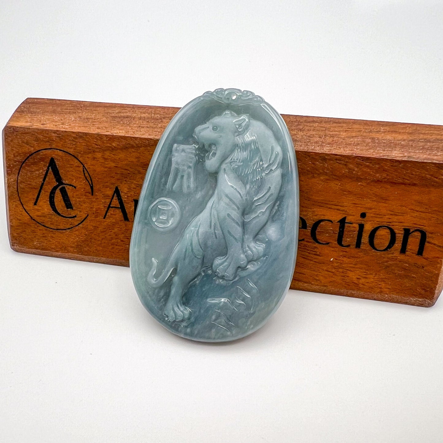 Blue Green Ice Jadeite Jade Tiger Pendant, Chinese Zodiac Carved Pendant with 18K Gold Bail Option, YYG-0823-1691189149