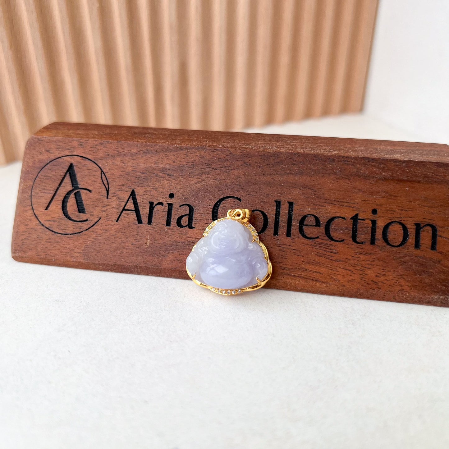 Purple Lavender Jadeite Jade Happy Buddha Carved Pendant with 18k Solid Gold, NY-0723-1705470502