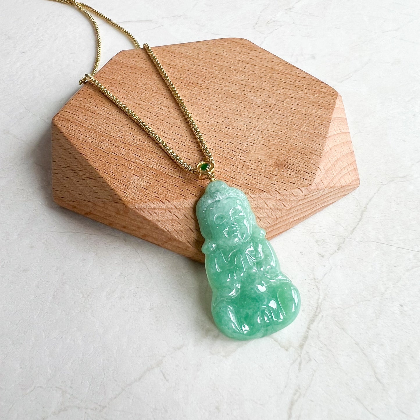 Green Baby Buddha with 18K Gold Bail, Jadeite Jade Carved Pendant, SHWQ-1123-1706502170