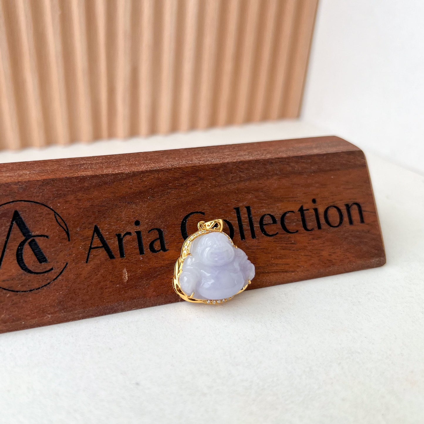 Purple Lavender Jadeite Jade Happy Buddha Carved Pendant with 18k Solid Gold, NY-0723-1705470502