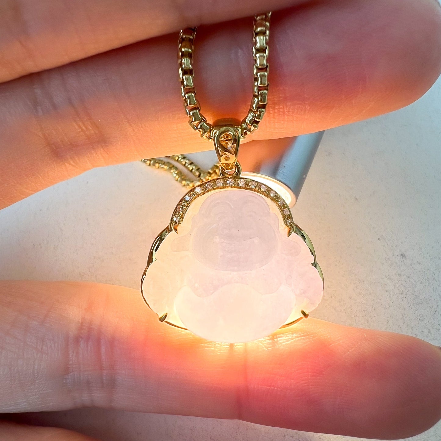 Purple Lavender Jadeite Jade Happy Buddha Carved Pendant with 18k Solid Gold, NY-0723-1705470502