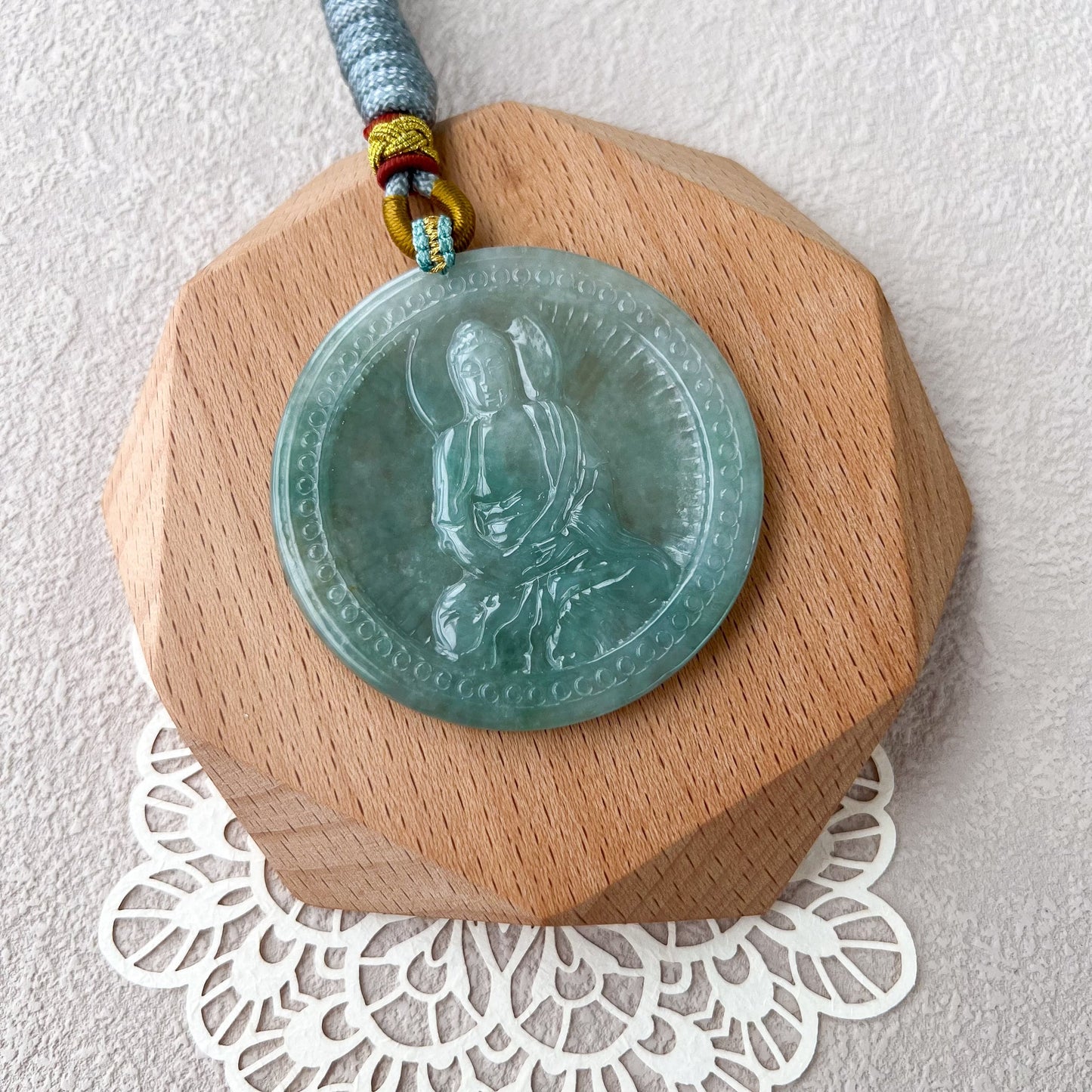 Jadeite Jade Vairocana Buddha, Đại Nhật Như Lai, 大日如来, Green Hand Carved Jade Pendant, YJ-1022-0068826