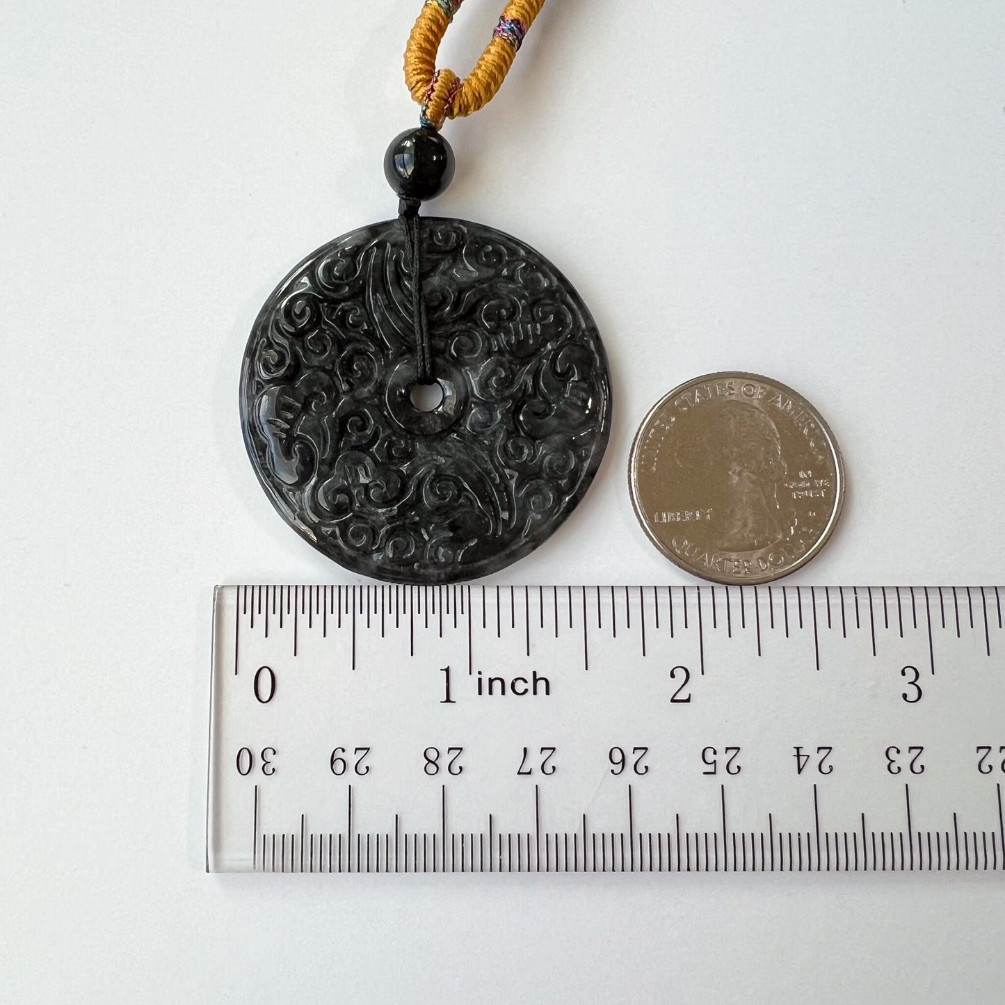 Black Antique Carving Jadeite Jade Circle Donut Carved Necklace, WMC-0323-0001176