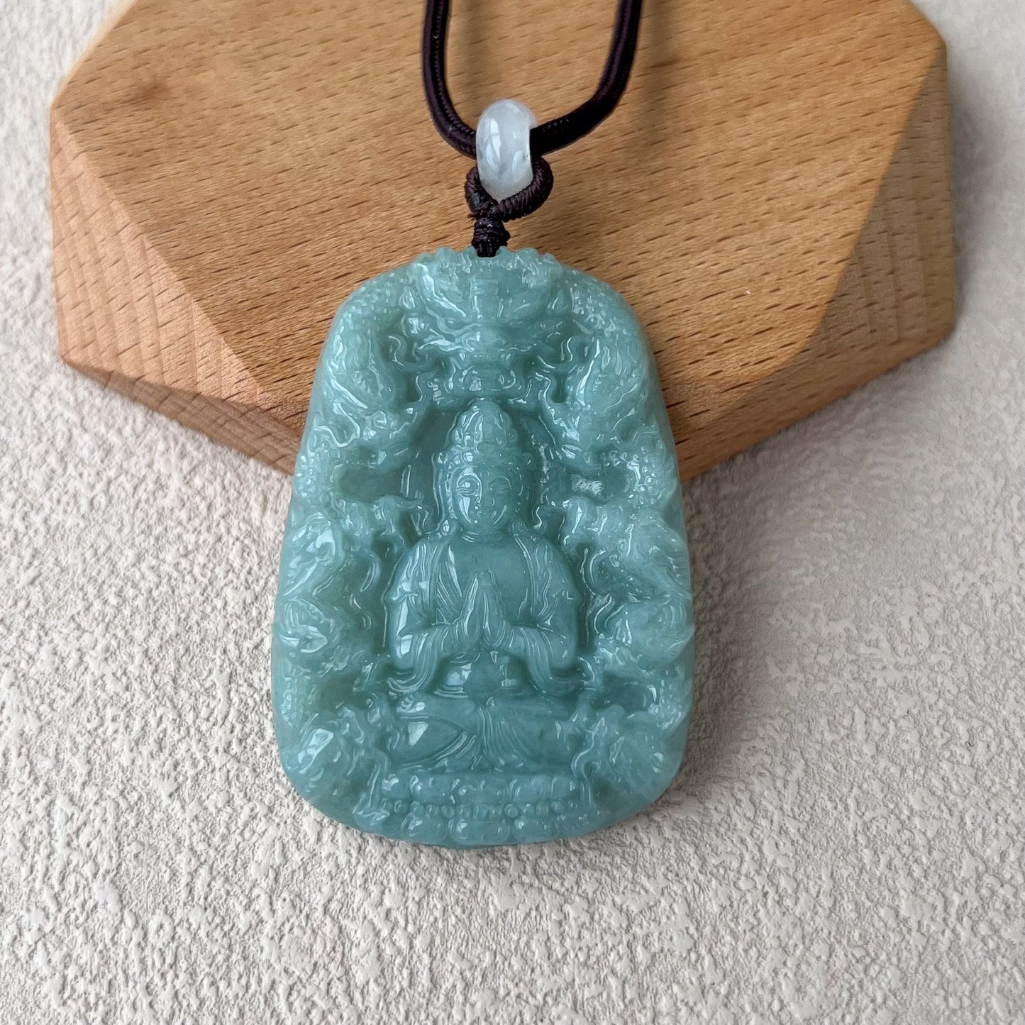 Green Jadeite Jade Guan Yin Kwan Yin Protected by Dragons Avalokitesvara Carved Pendant, BGC-0323-0038610