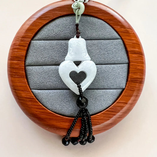 Aria Design Collection white light lavender jadeite jade hand-carved heart pendant necklace with black beads