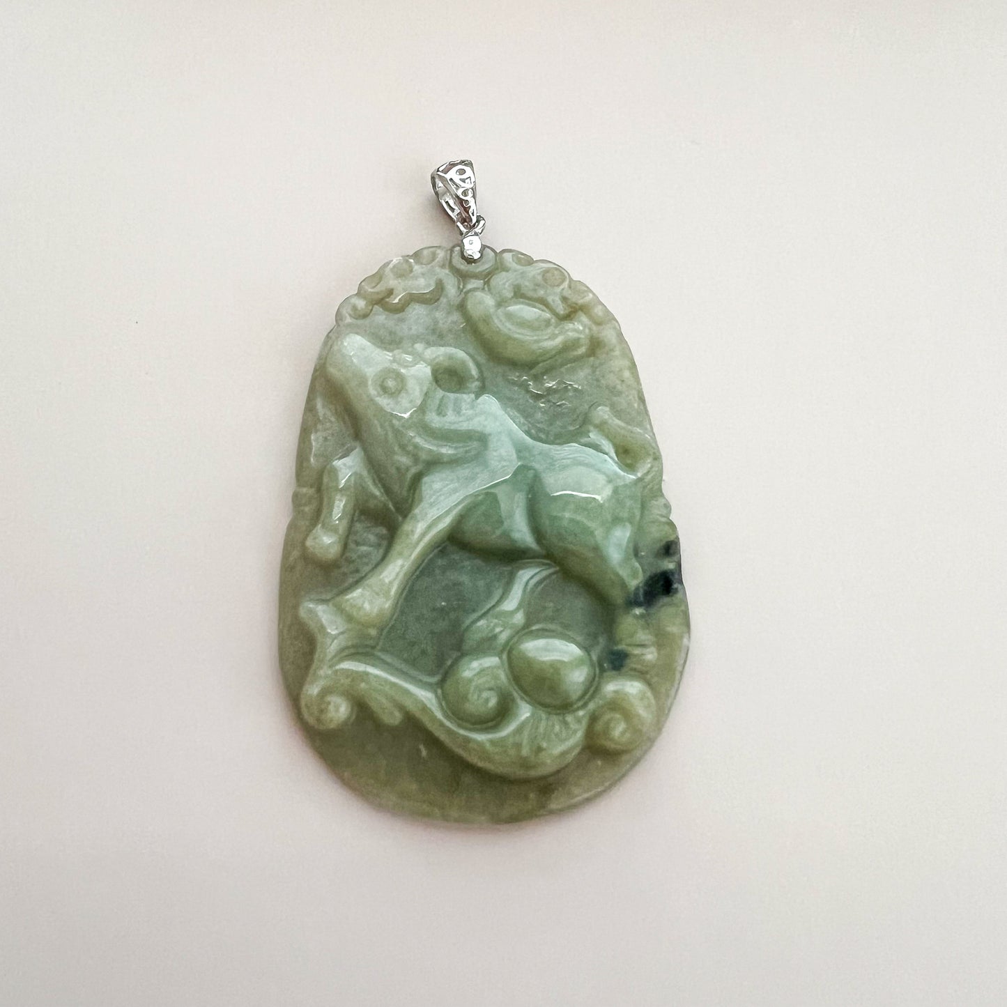 Aria Design Collection green jadeite jade ox pendant with sterling silver bail, carved fortune and luck style