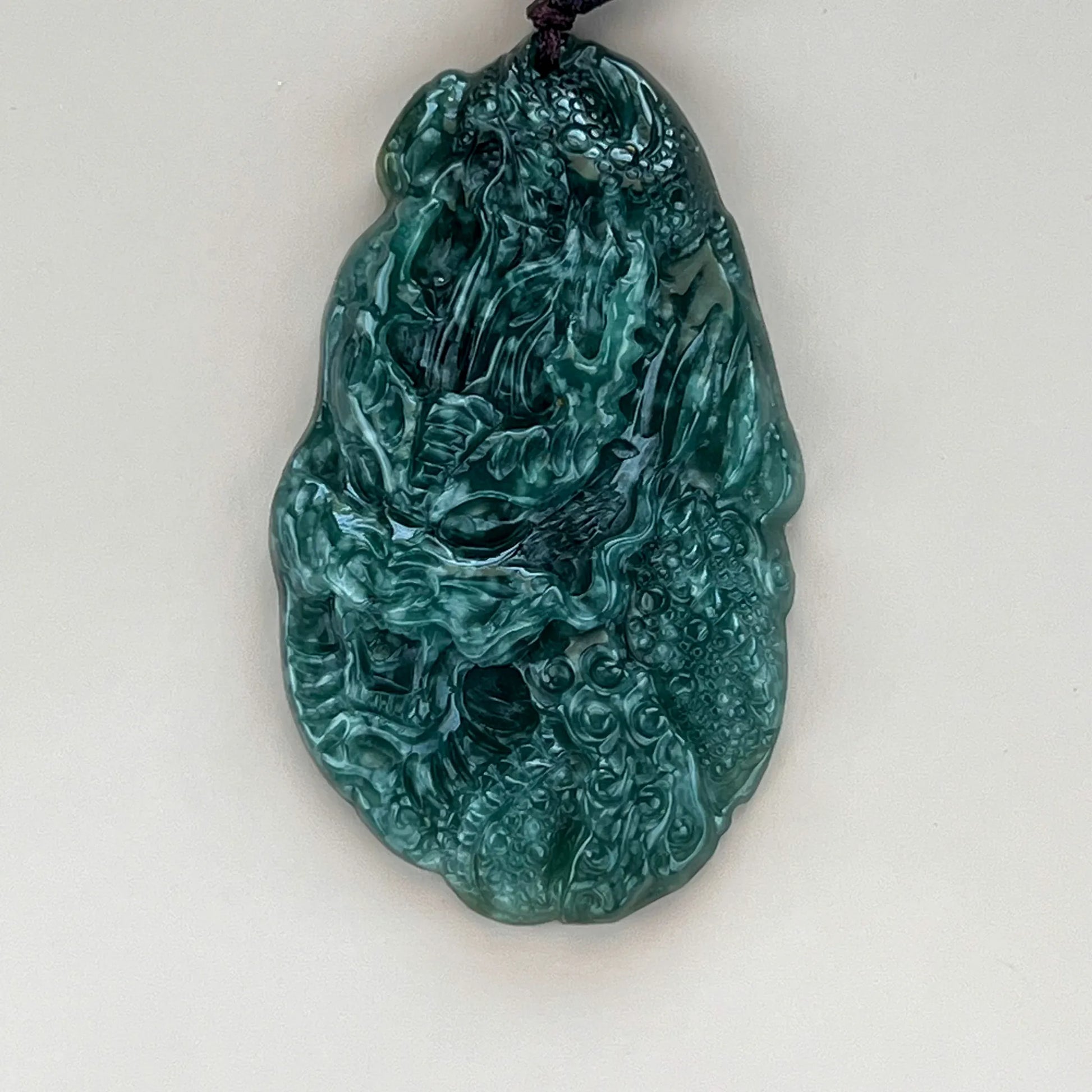 Aria Design Collection dark green natural jade Guan Gong and dragon pendant with polished high-relief carving