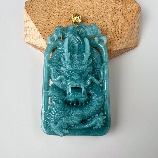 Aria Collection blue-green Natural Jade dragon pendant with openwork carving and polished finish
