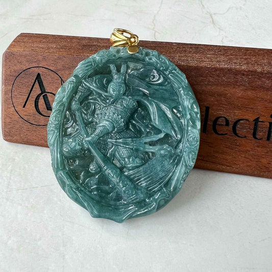 Blue Green Jadeite Jade Monkey King with 18K Gold Pendant, Sun Wu Kong, 孙悟空, Chinese Zodiac Carved, XZG-0423-1684022066