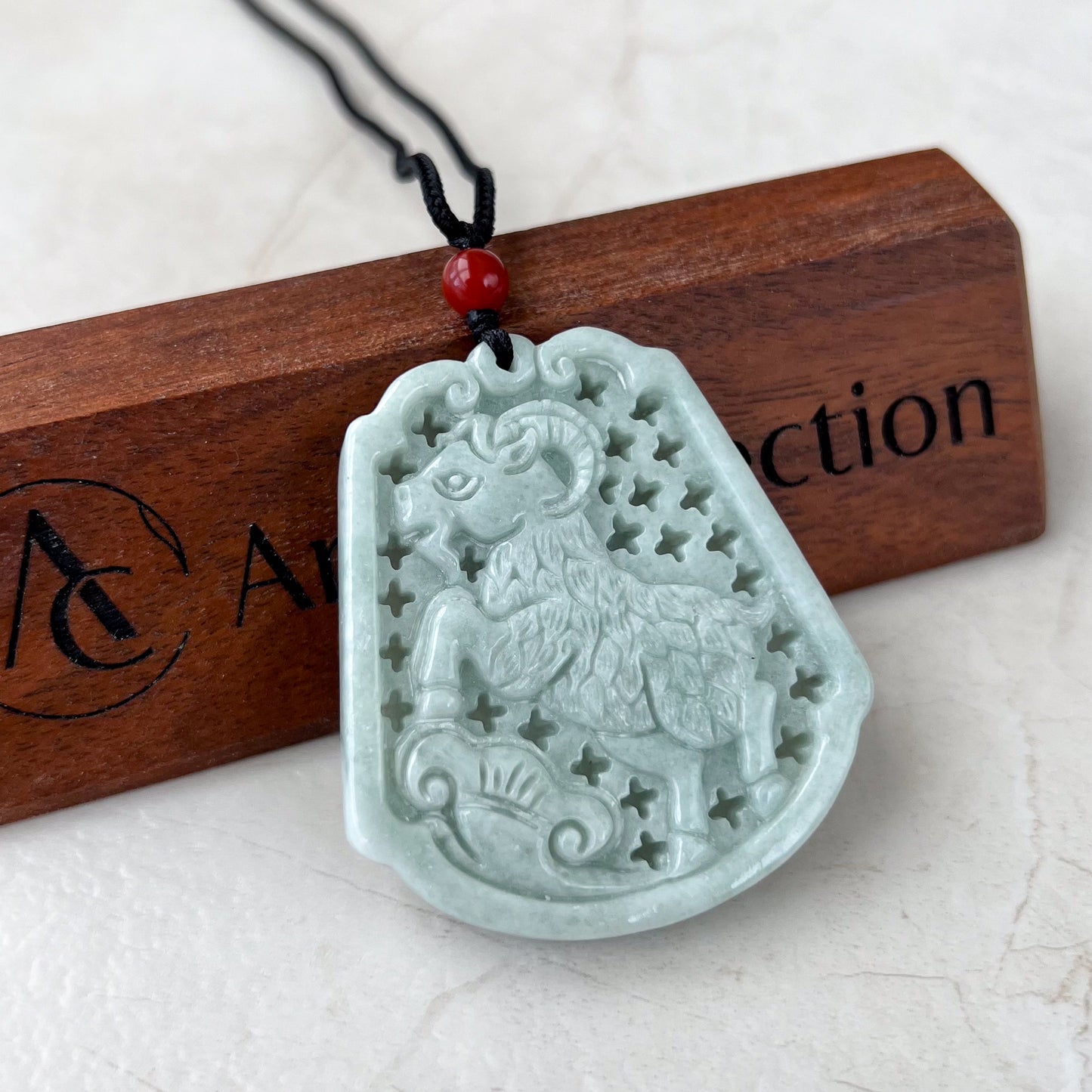 Starry Sky Ram Jade Pendant, Jadeite Jade Sheep Goat Ram Zodiac Carved Pendant Necklace, YJ-0321-0344474