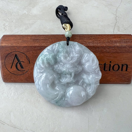 Jadeite Jade Dragon Pendant, Green Gray Faint Light Purple Jade, Chinese Zodiac Pendant Necklace, YJ-0321-0360485