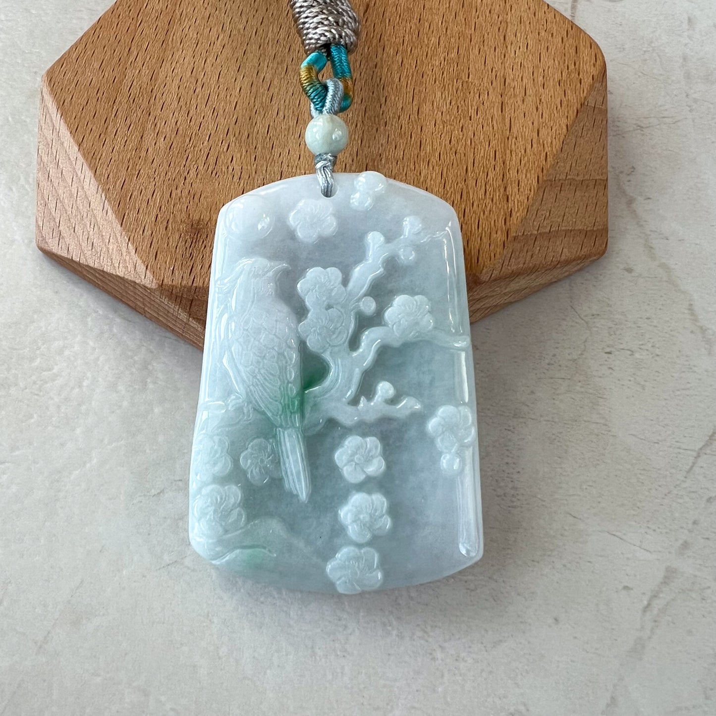 Jadeite Jade Magpie Bird Plum Flower Carved Pendant, HY-0621-0069605