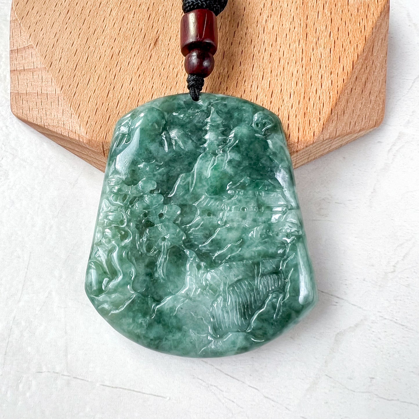 Jadeite Jade Landscape Mountain Forest River Scenery Hand Carved Pendant Necklace, YJ-0321-0343476