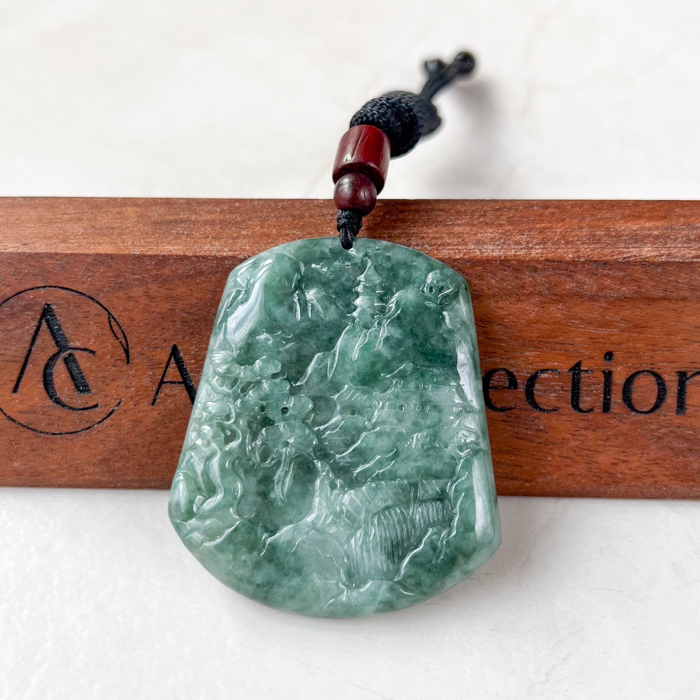 Jadeite Jade Landscape Mountain Forest River Scenery Hand Carved Pendant Necklace, YJ-0321-0343476