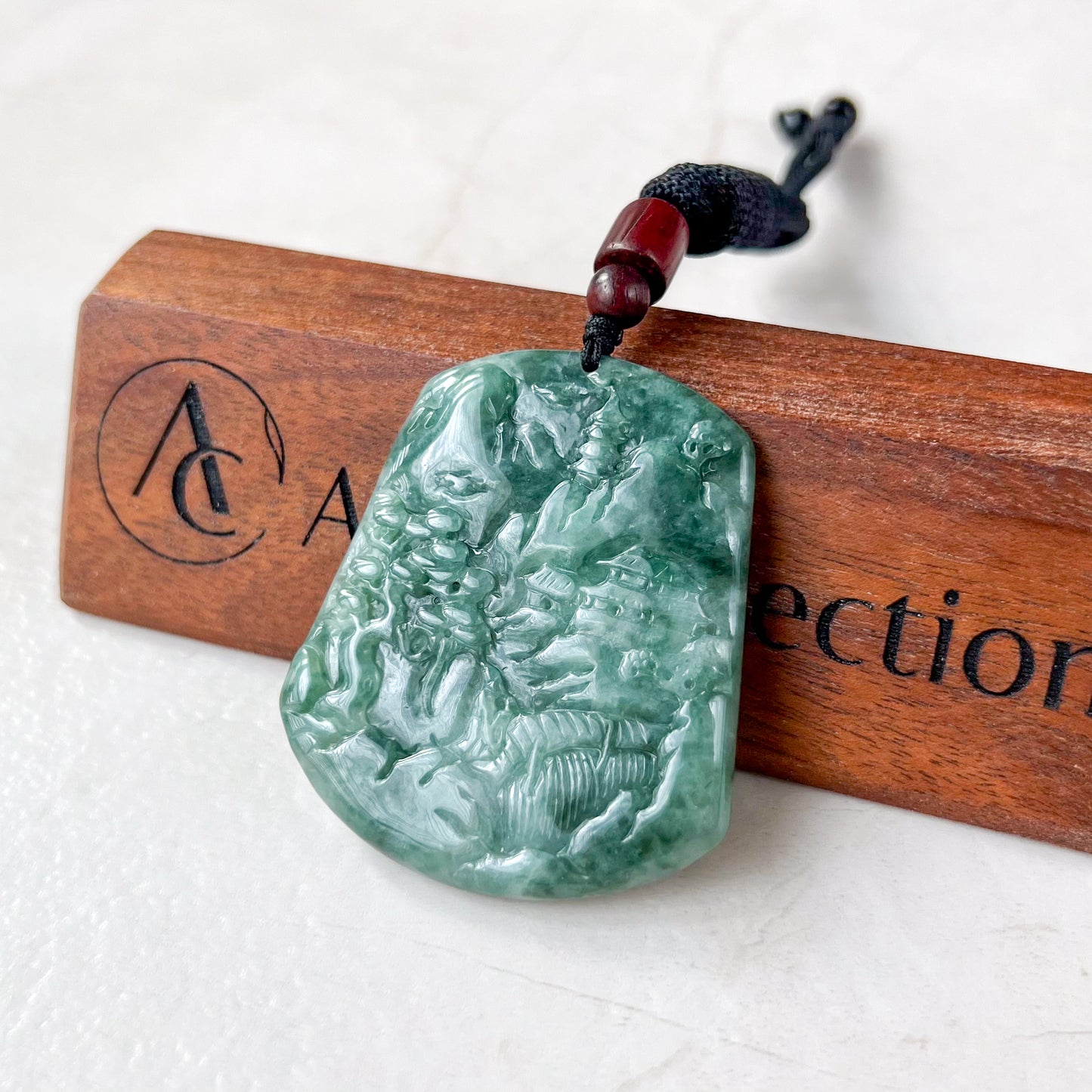 Jadeite Jade Landscape Mountain Forest River Scenery Hand Carved Pendant Necklace, YJ-0321-0343476