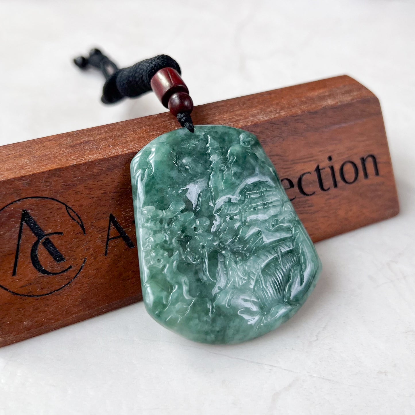 Jadeite Jade Landscape Mountain Forest River Scenery Hand Carved Pendant Necklace, YJ-0321-0343476