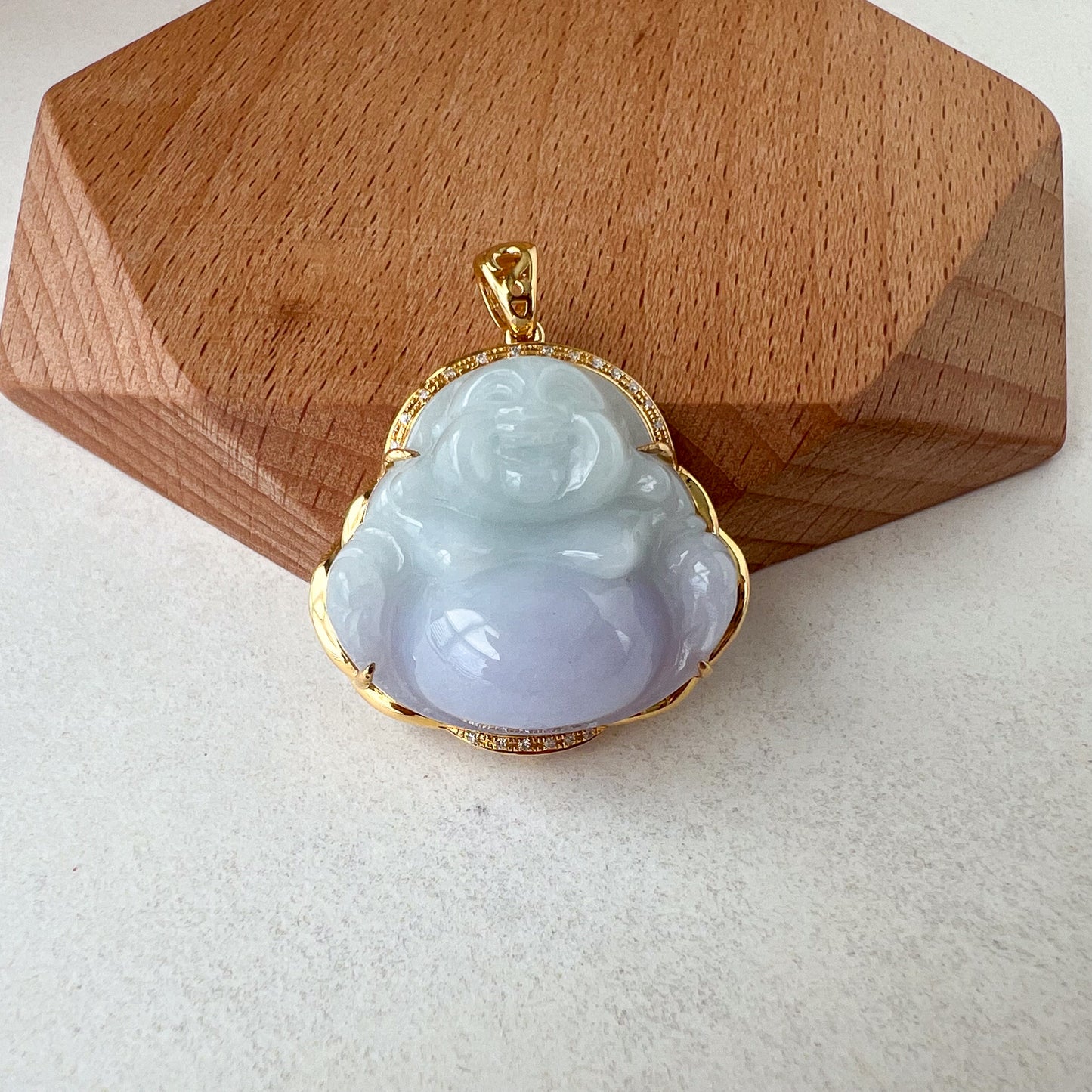 Purple Lavender Jadeite Jade Happy Buddha Carved Pendant with 18k Solid Gold, NY-0723-1703999726