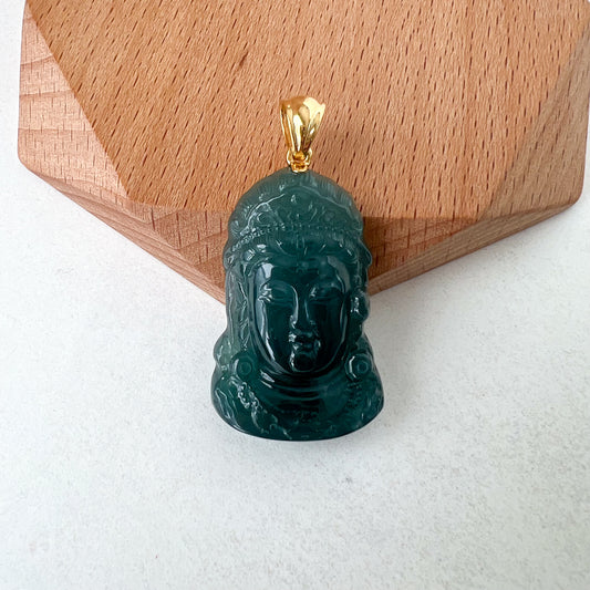 Blue Green Jadeite Jade Lady Buddha Pendant with 18K Gold, Guan Yin Avalokiteshvara Hand Carved Head Pendant, SHWQ-0625-1704073158