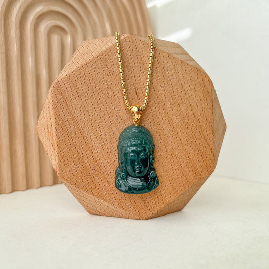 Blue Green Jadeite Jade Lady Buddha Pendant with 18K Gold, Guan Yin Avalokiteshvara Hand Carved Head Pendant, SHWQ-0623-1704073158