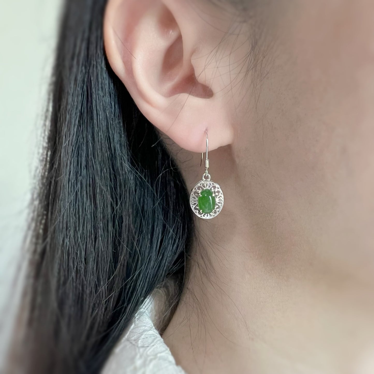 Jade Heirloom Earrings, Green Nephrite Jade Sterling Silver Earrings, JSY-0424-12057