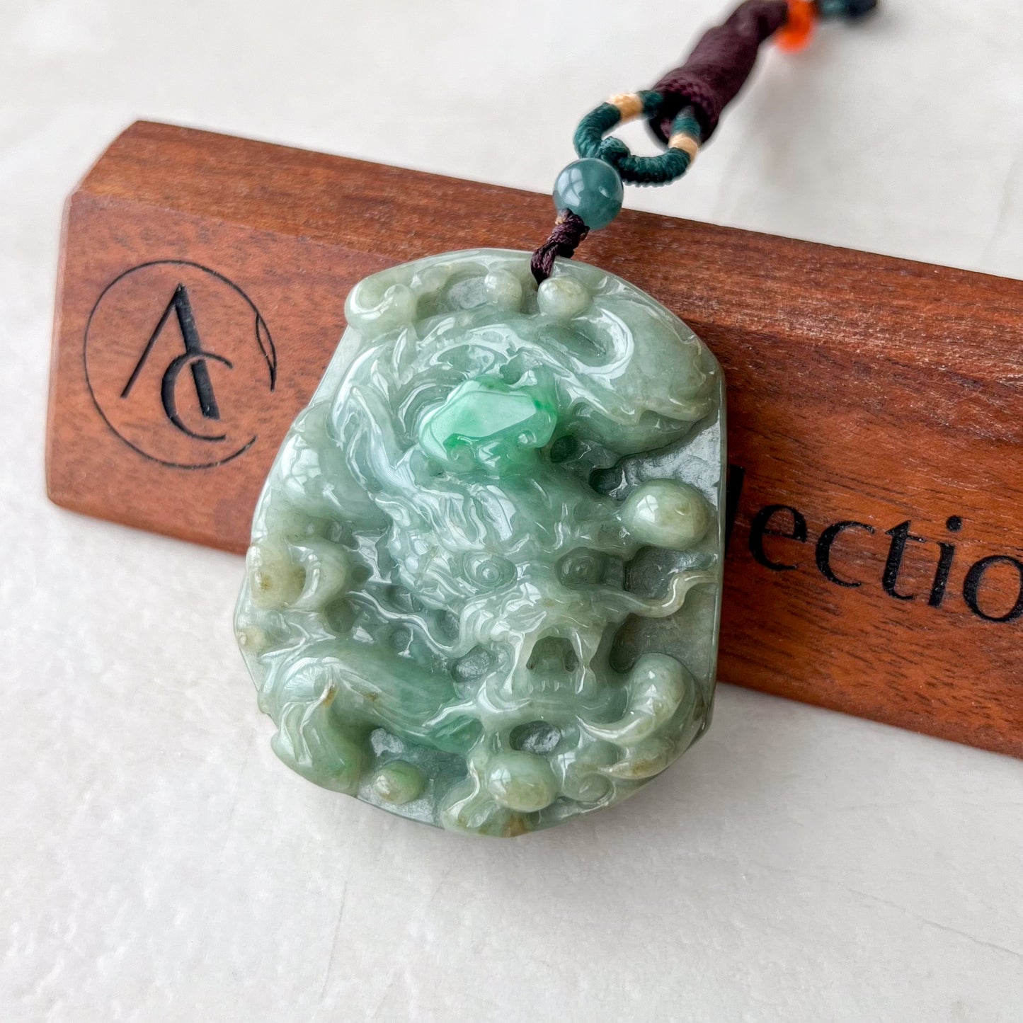 Green Jadeite Jade Dragon Chinese Zodiac Hand Carved Pendant Necklace, YJ-0321-0323319