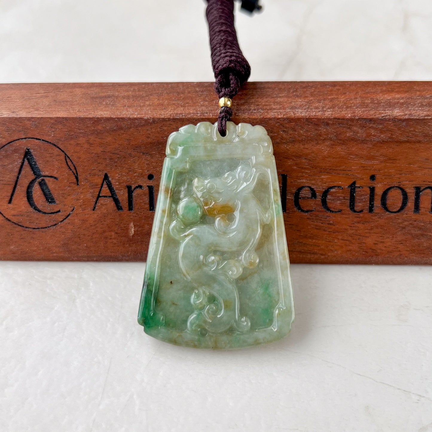 Green Yellow Jadeite Jade Dragon Chinese Zodiac Hand Carved Pendant Necklace, YJ-0321-0338559