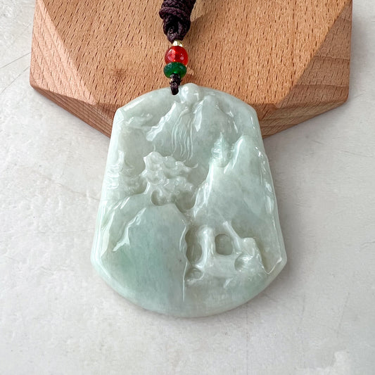 Jadeite Jade Landscape Mountain Forest River Scenery Hand Carved Pendant Necklace, YJ-0321-0318729