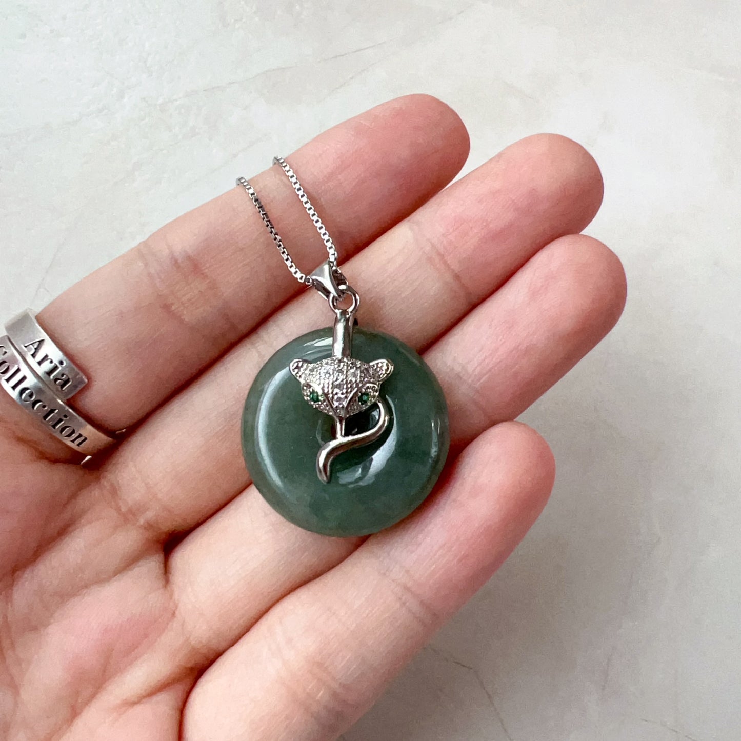 Jadeite Jade Minimalist Dainty Cat Donut Sterling Silver Necklace, YJ-0321-0326616