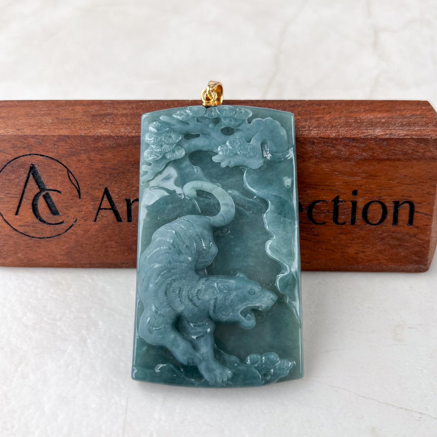 Alpine Roar Tiger Pendant, Blue Green Jadeite Jade Tiger Pendant with 18K Gold Bail, Chinese Zodiac Carved Pendant, NVN-0523-1715026381