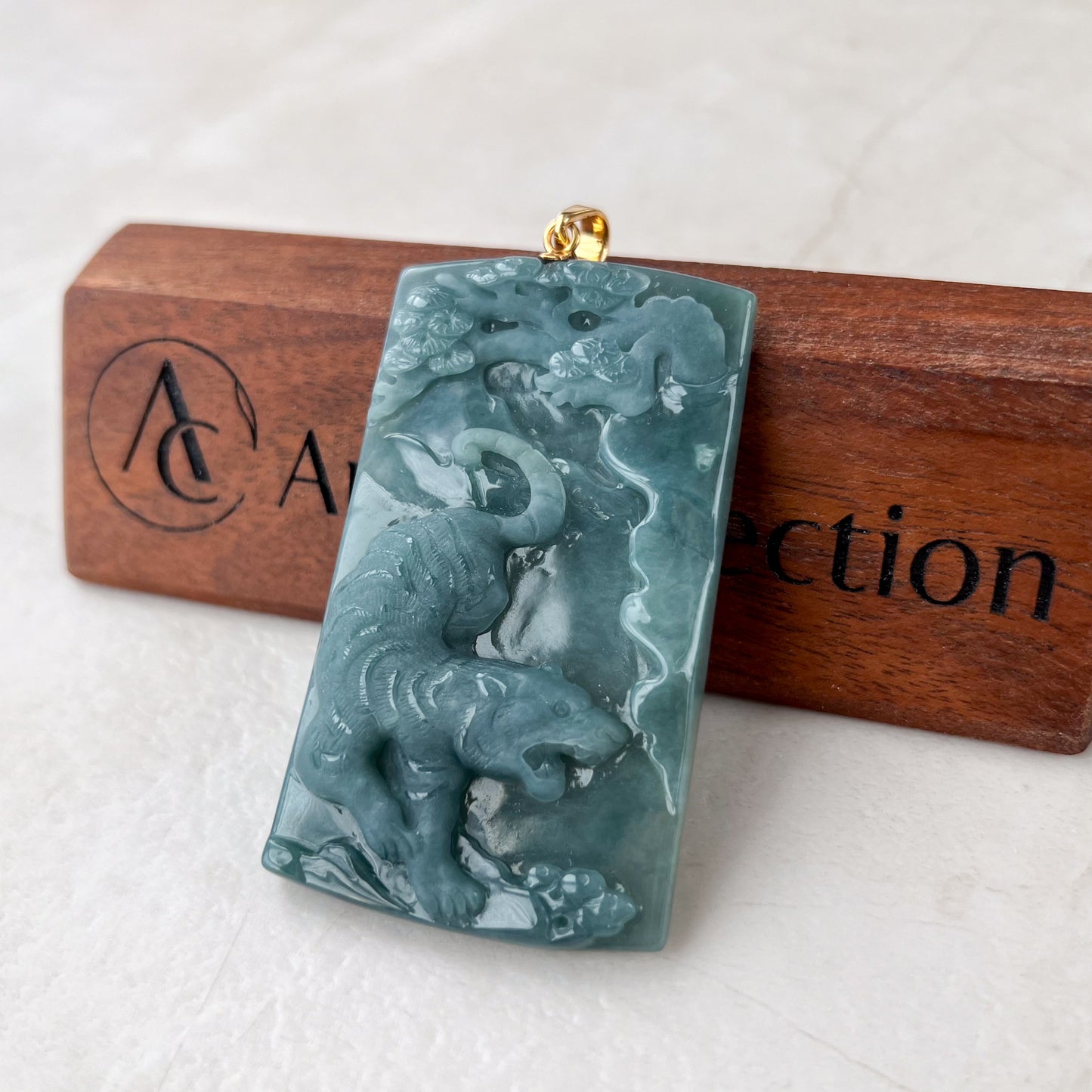 Alpine Roar Tiger Pendant, Blue Green Jadeite Jade Tiger Pendant with 18K Gold Bail, Chinese Zodiac Carved Pendant, NVN-0523-1715026381