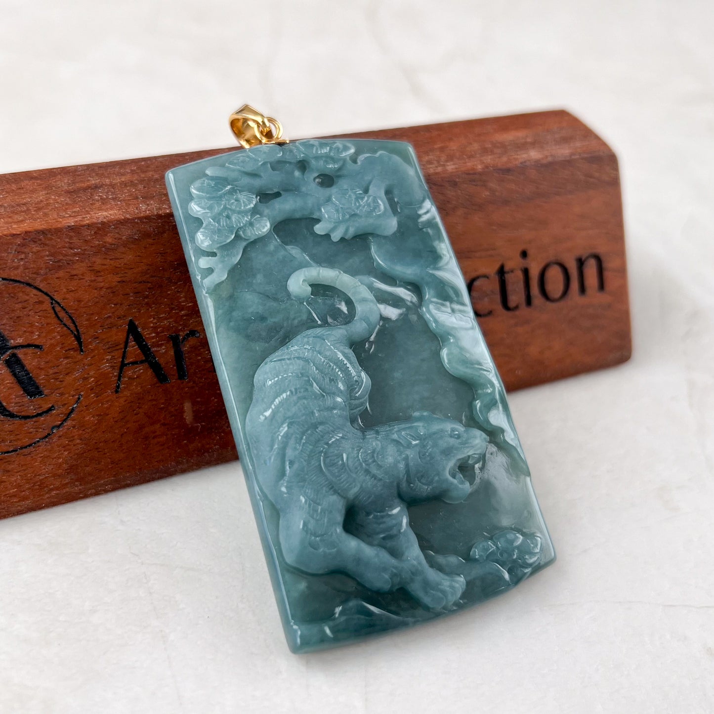 Alpine Roar Tiger Pendant, Blue Green Jadeite Jade Tiger Pendant with 18K Gold Bail, Chinese Zodiac Carved Pendant, NVN-0523-1715026381