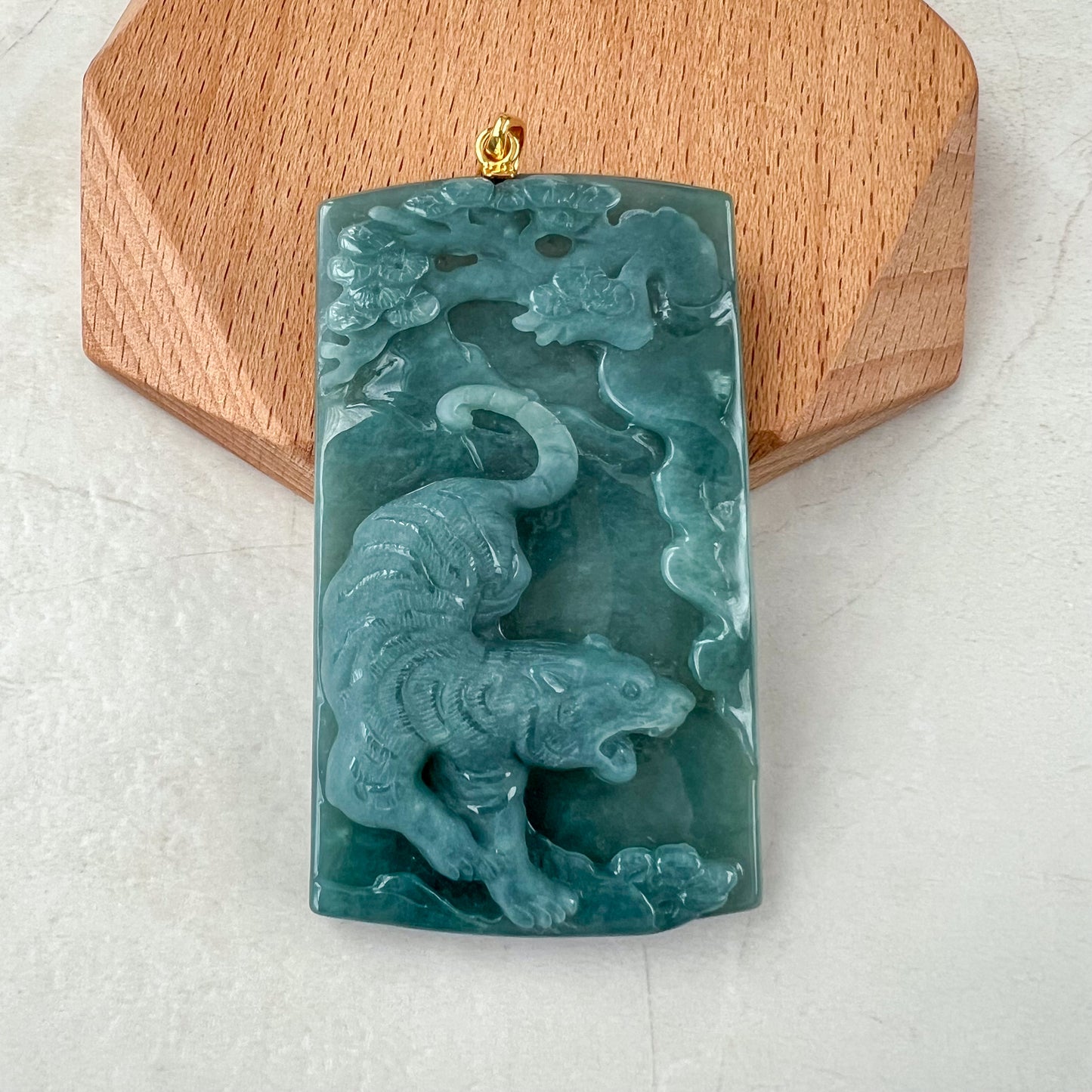 Alpine Roar Tiger Pendant, Blue Green Jadeite Jade Tiger Pendant with 18K Gold Bail, Chinese Zodiac Carved Pendant, NVN-0523-1715026381