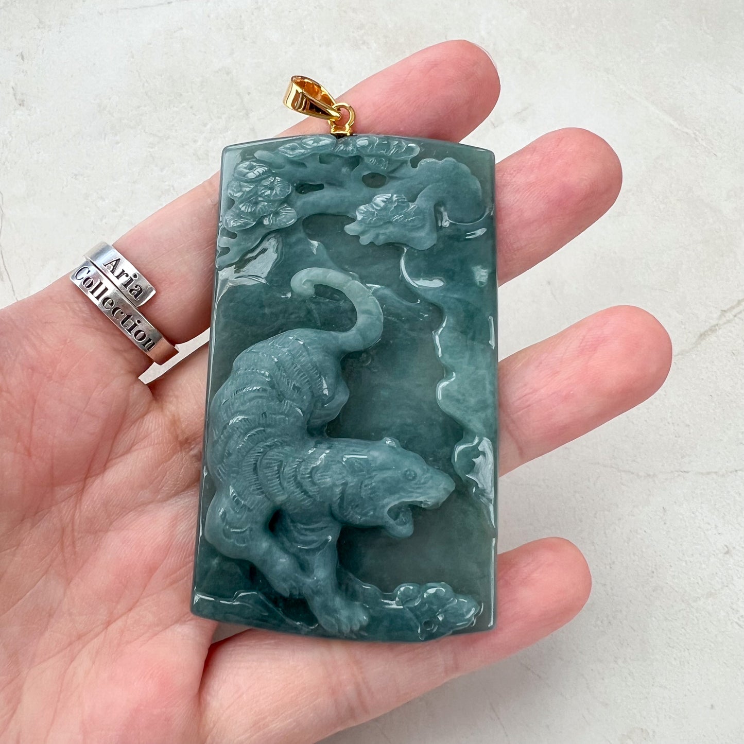 Alpine Roar Tiger Pendant, Blue Green Jadeite Jade Tiger Pendant with 18K Gold Bail, Chinese Zodiac Carved Pendant, NVN-0523-1715026381