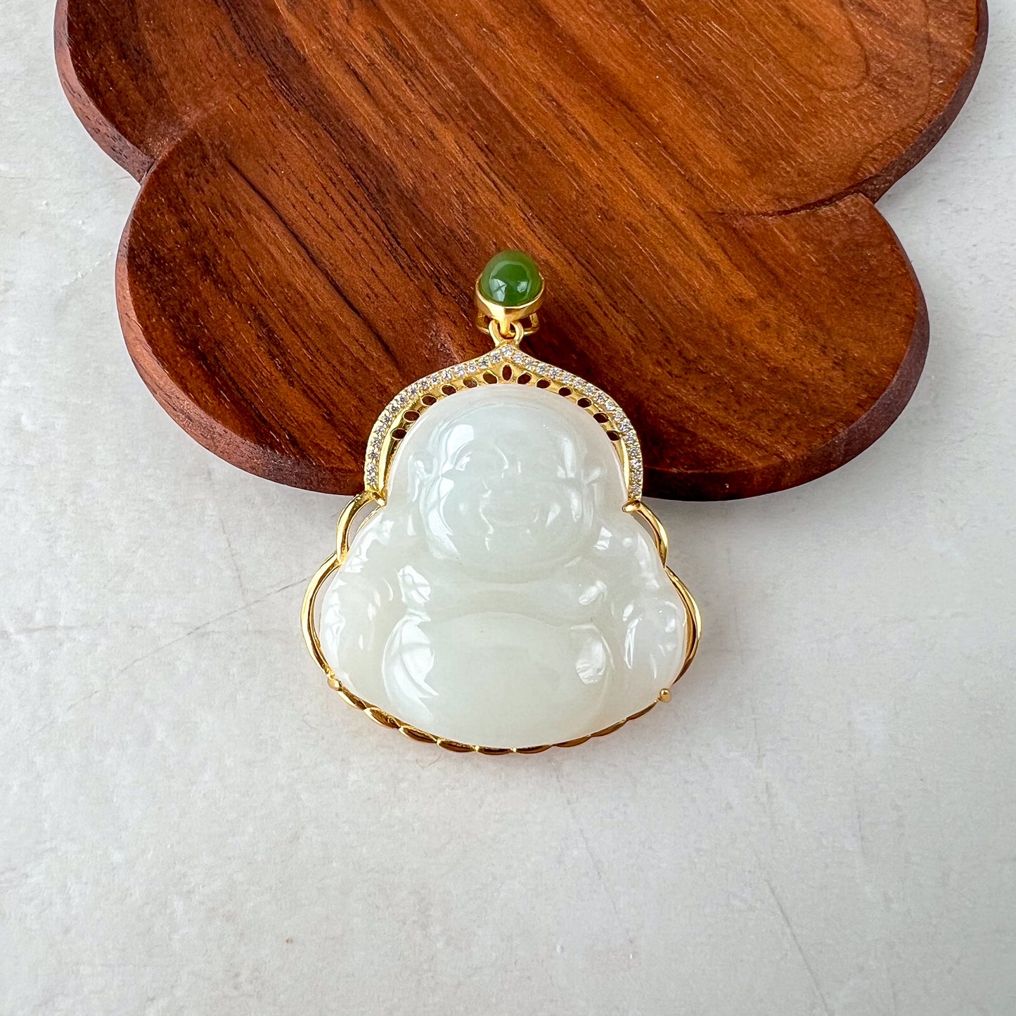 Large Nephrite Jade Happy Laughing Buddha, Budai, Jade with Gold Sterling Silver Necklace, XWZ-0223-1735424468