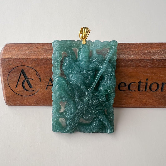Green Jadeite Jade Guan Gong Warrior Pendant with 18K Gold Bail (关公)
