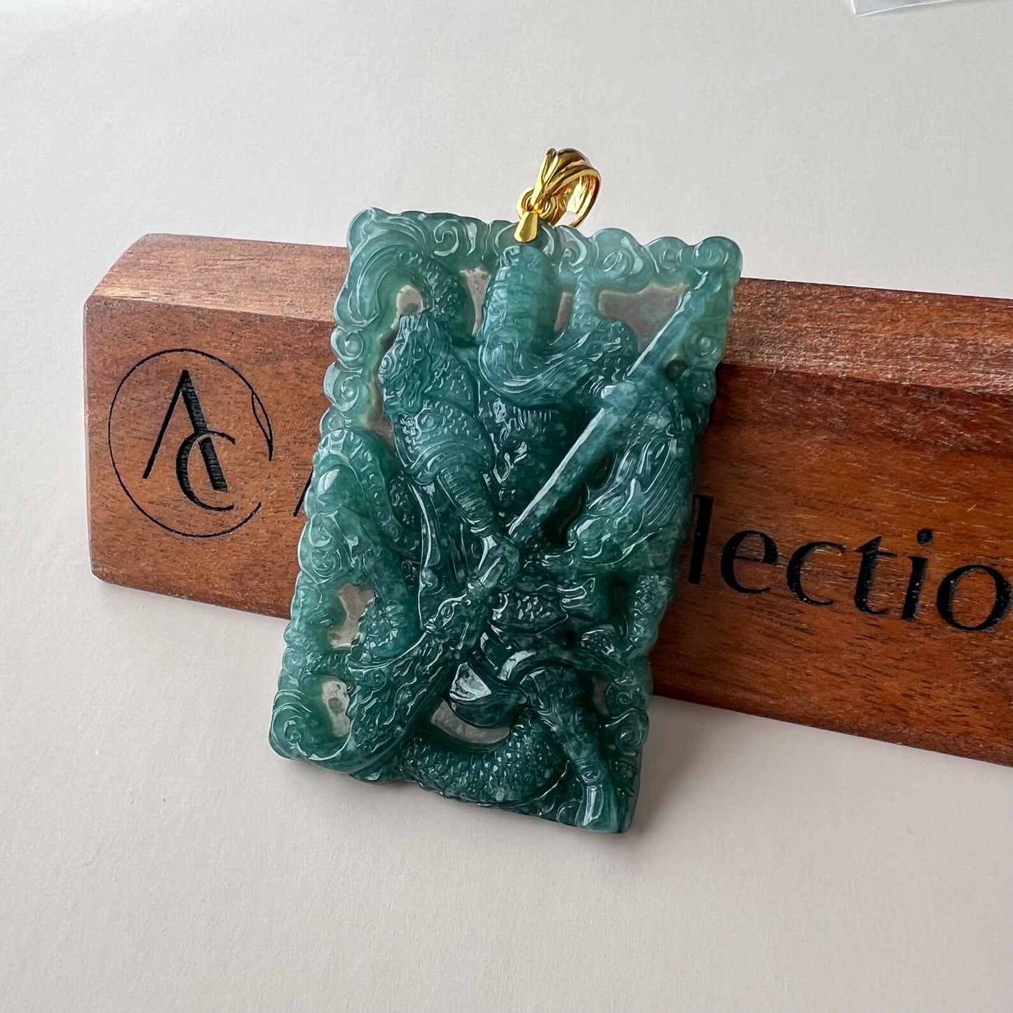 Green Jadeite Jade Guan Gong Warrior Pendant with 18K Gold Bail (关公)