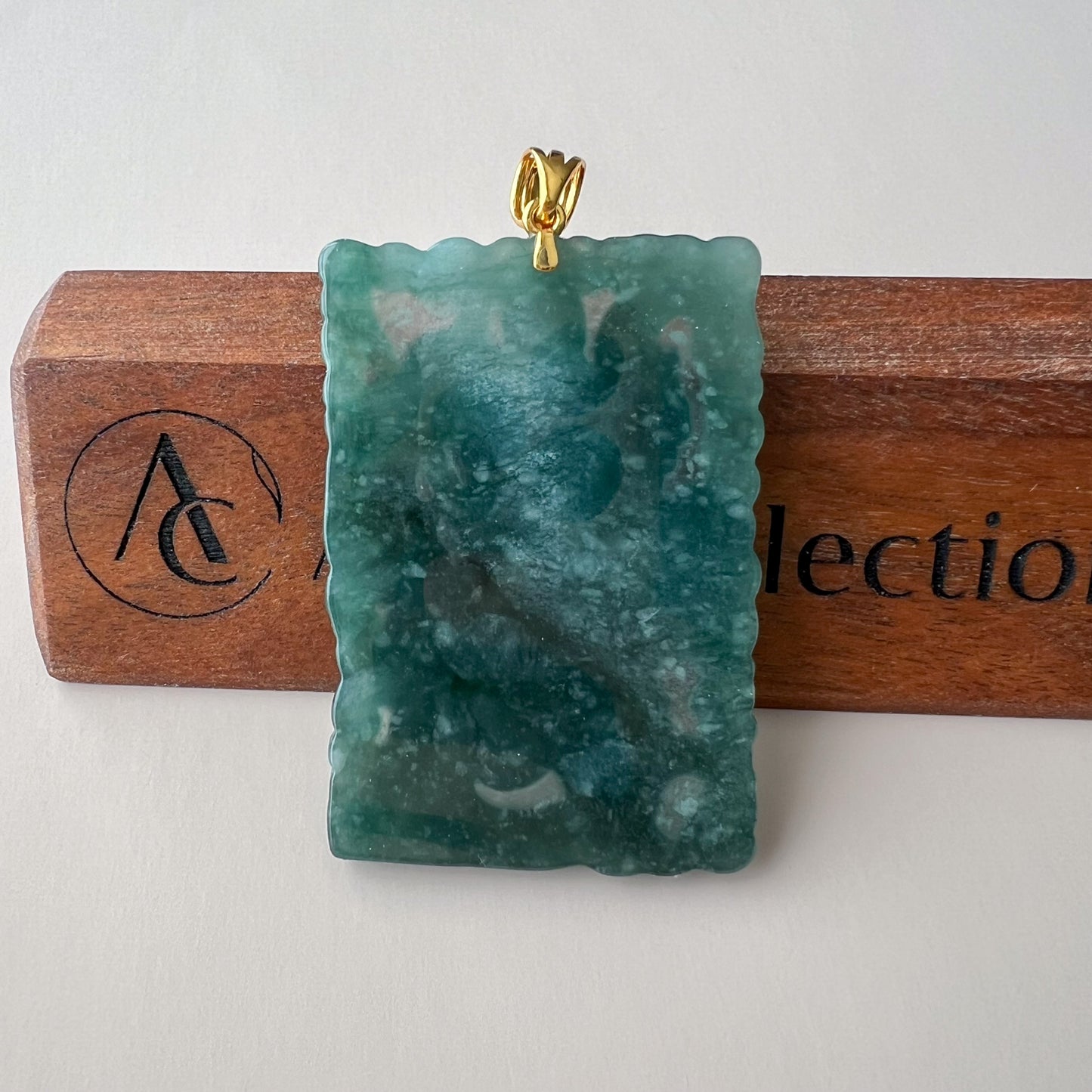 Green Jadeite Jade Guan Gong Warrior Pendant with 18K Gold Bail (关公)