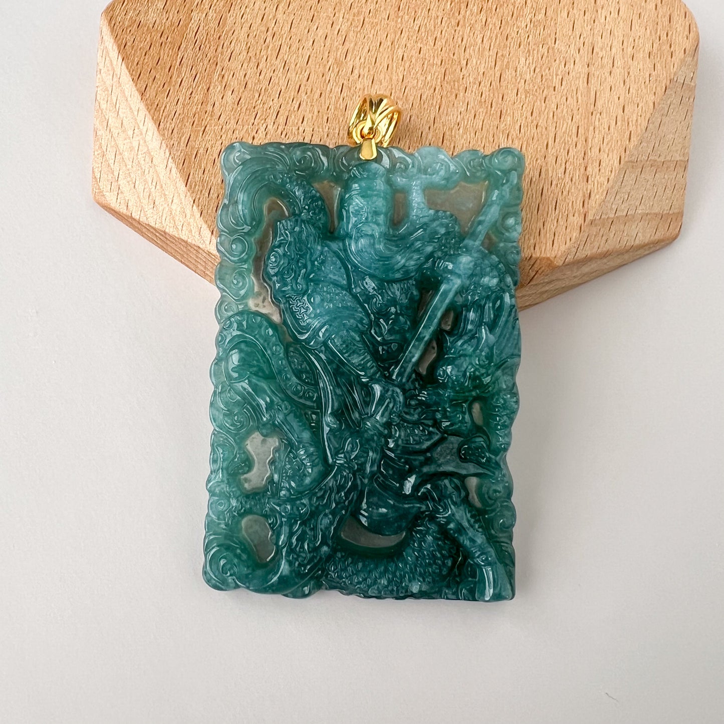 Green Jadeite Jade Guan Gong Warrior Pendant with 18K Gold Bail (关公)