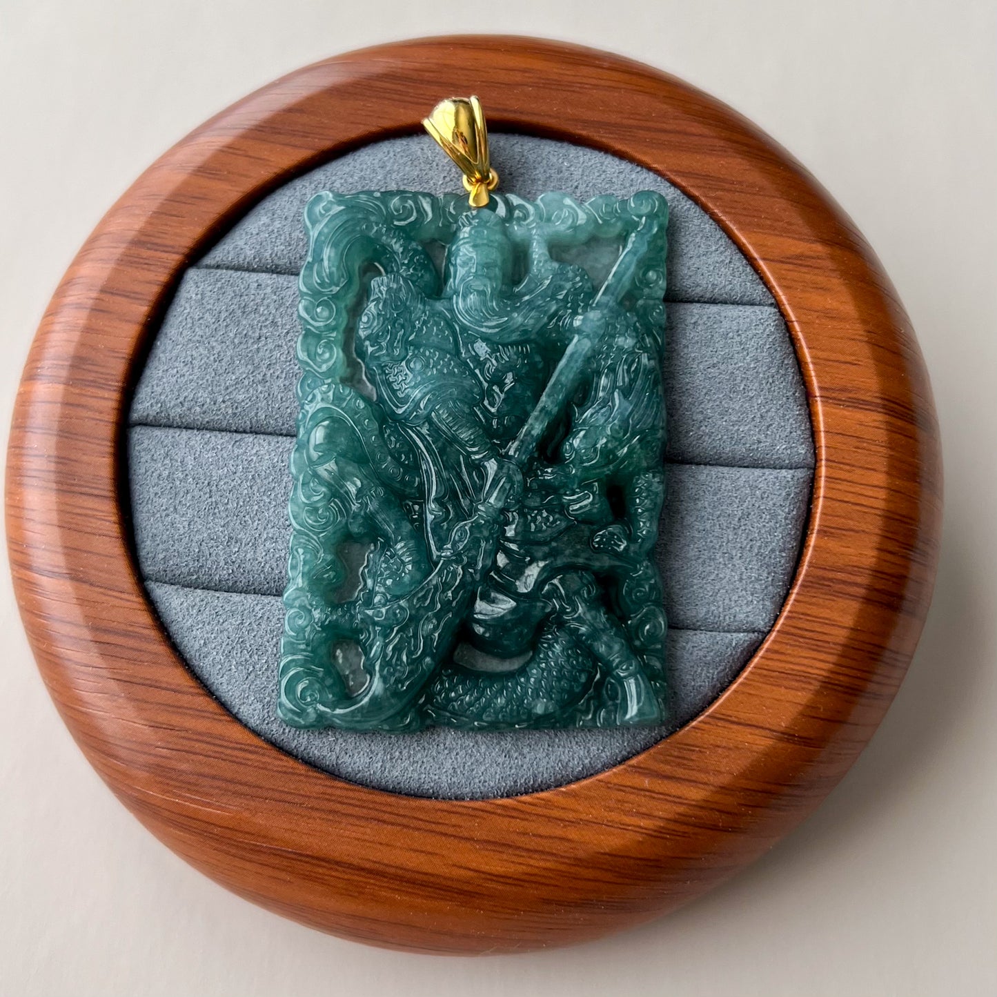 Green Jadeite Jade Guan Gong Warrior Pendant with 18K Gold Bail (关公)