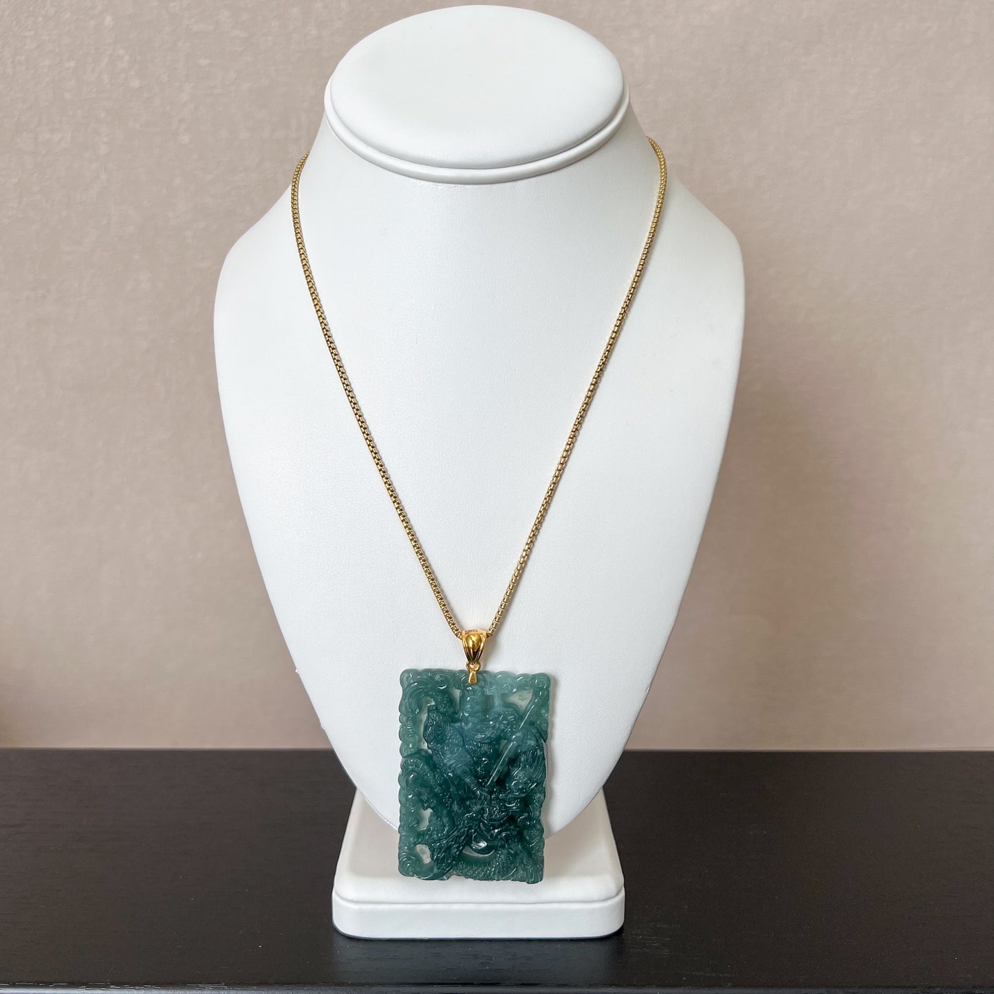 Green Jadeite Jade Guan Gong Warrior Pendant with 18K Gold Bail (关公)