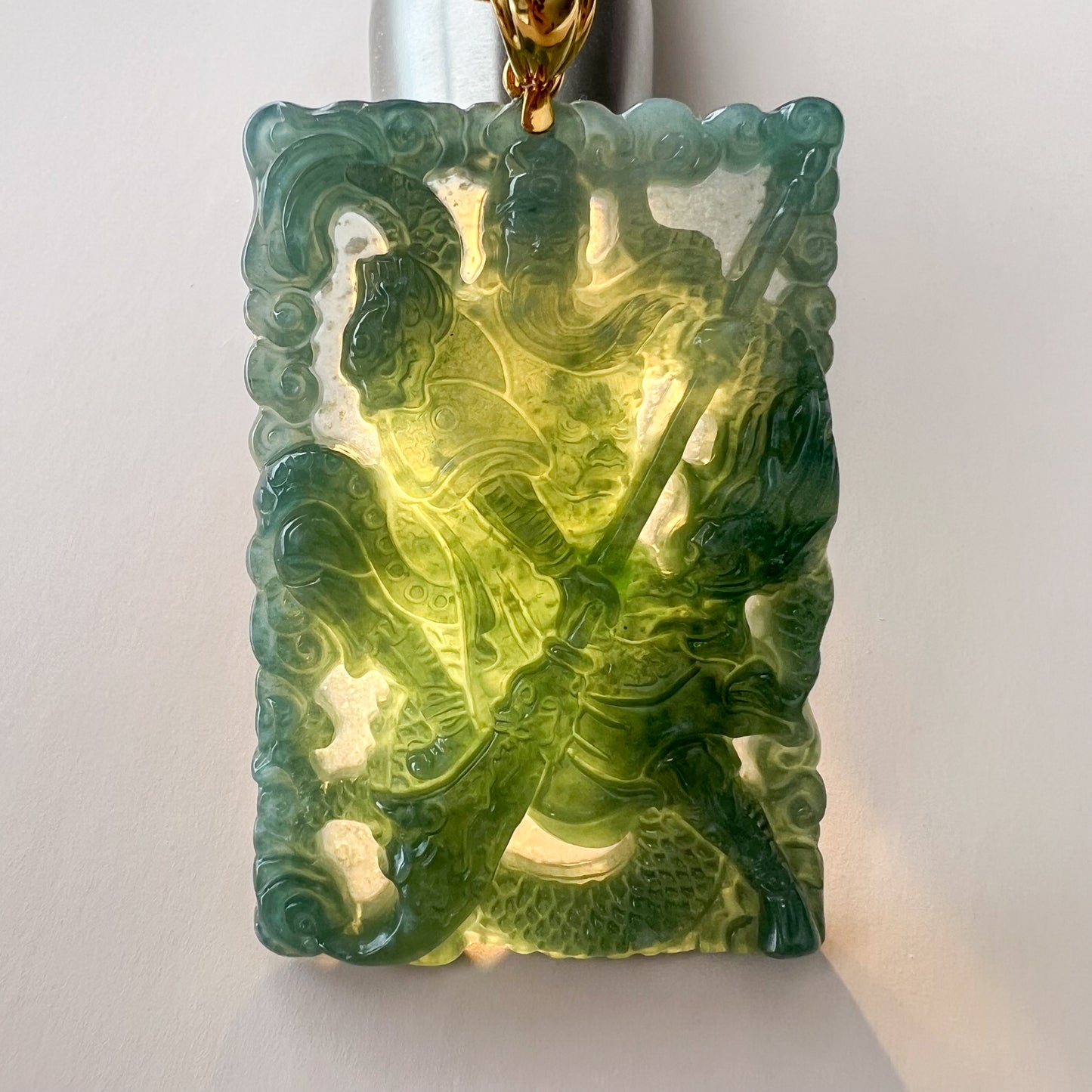 Green Jadeite Jade Guan Gong Warrior Pendant with 18K Gold Bail (关公)