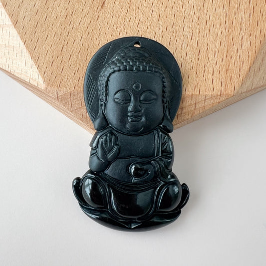 Black Jadeite Jade Omphacite Baby Buddha Necklace, LGG-1221-1646854499