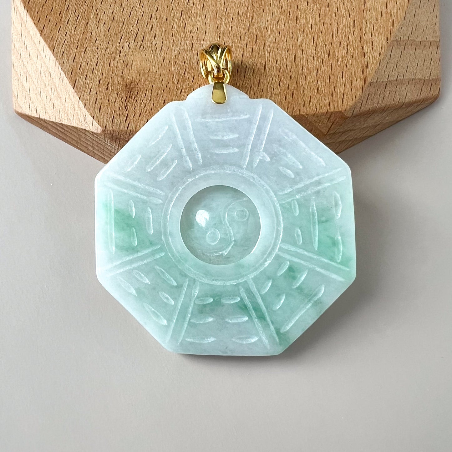 Large Green Jadeite Jade Yin Yang Pendant Ba Gua Pendant with 18K Gold Bail