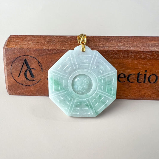 Large Green Jadeite Jade Yin Yang Pendant Ba Gua Pendant with 18K Gold Bail