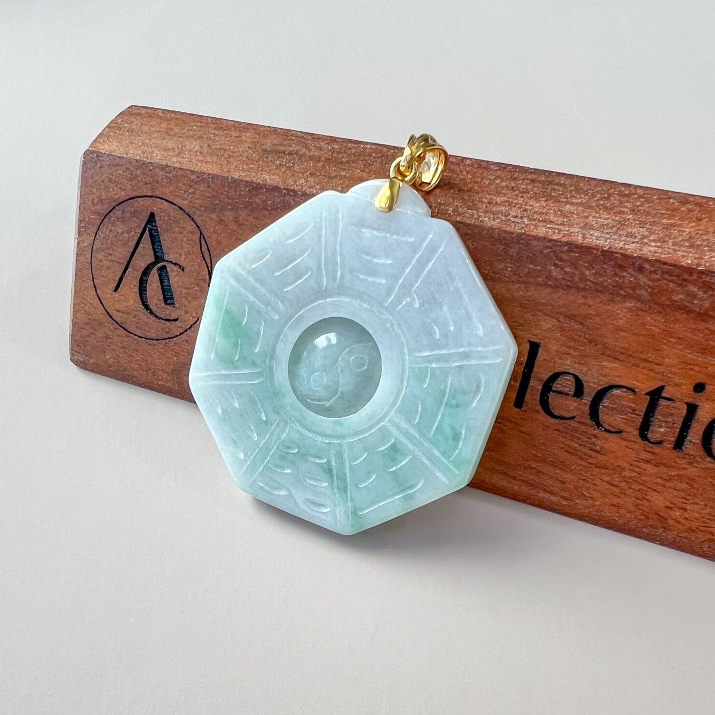 Large Green Jadeite Jade Yin Yang Pendant Ba Gua Pendant with 18K Gold Bail