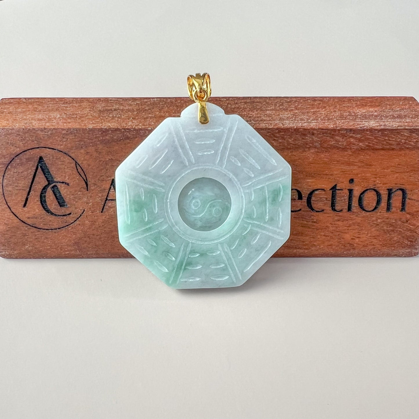 Large Green Jadeite Jade Yin Yang Pendant Ba Gua Pendant with 18K Gold Bail